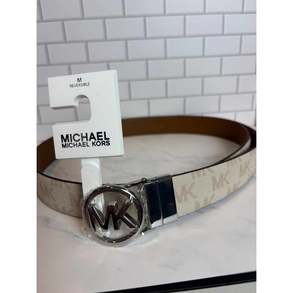 Michael Kors Reversible Belt MK Logo Vanilla Brown Leather Silver Buckle